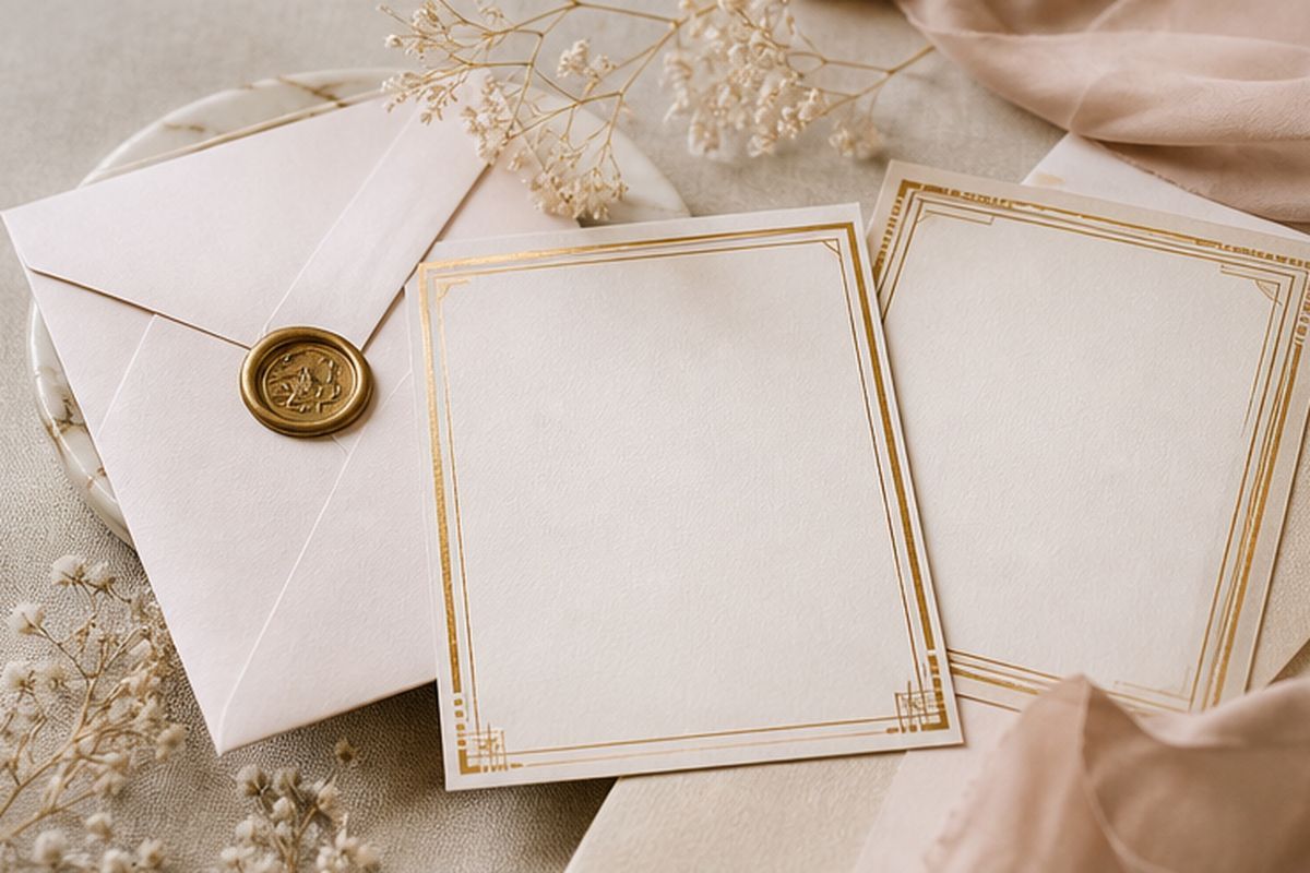 Eleganckie zaproszenia ślubne ze złotą ramką, koperty z lakową pieczęcią i suszone kwiaty